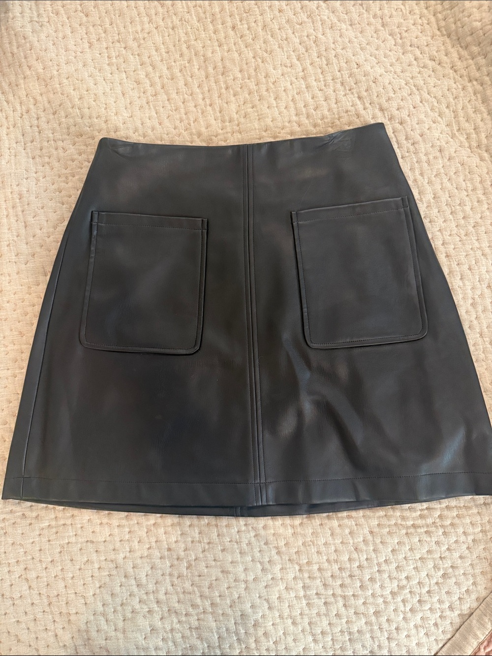 Maeve Black Faux Leather Mini Skirt with Front Patch Pockets